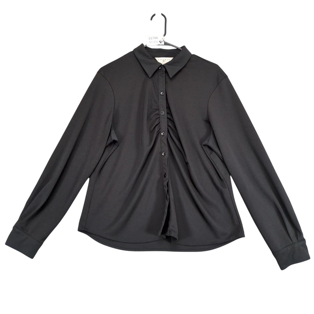 Vintage 90s Outfit JPR Black Ruched Button-Up Blouse Womens XL Career Goth Shirt